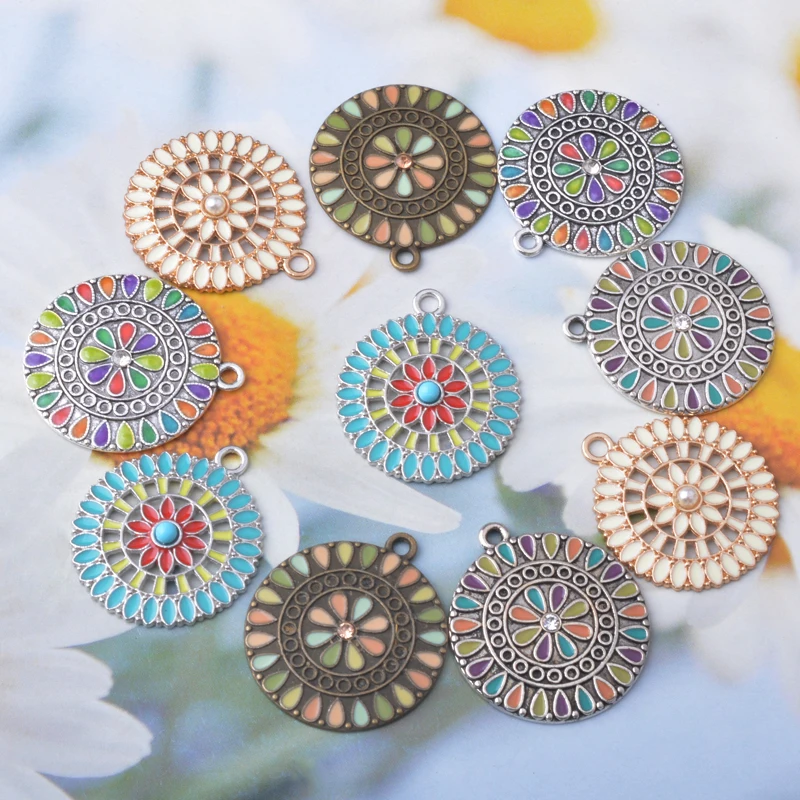 10pcs Bohemia Zinc Alloy Antique Silvery Golden round flower charms Earrings Boho Pendant DIY Women's  Jewelry Making