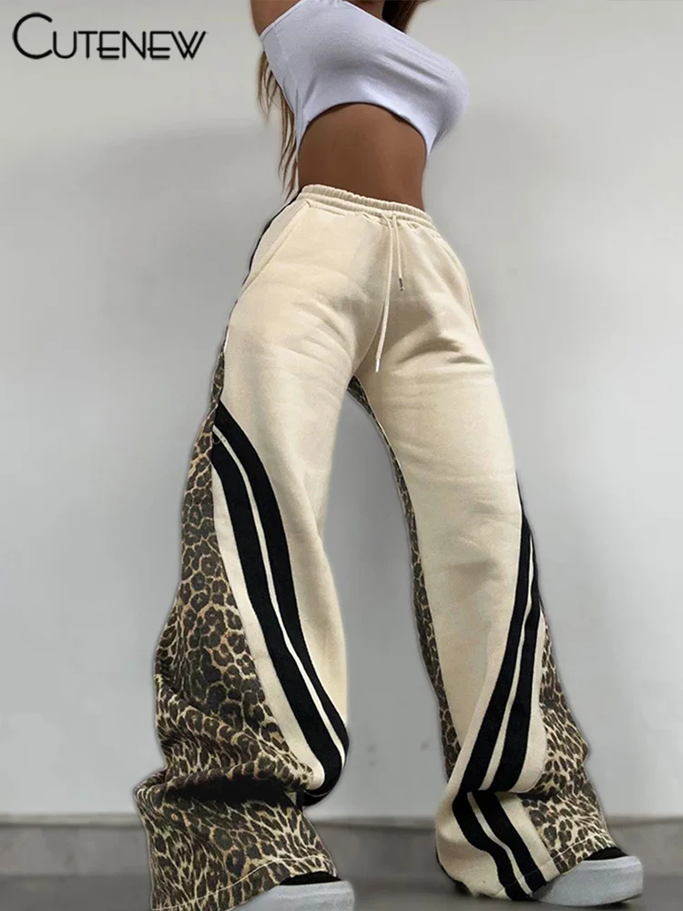 Cutenew Printed Patchwork Women Trousers 2024 Basic Stripe Unique Attractive Elastic Waist Loose Pants Female Casual Activewear