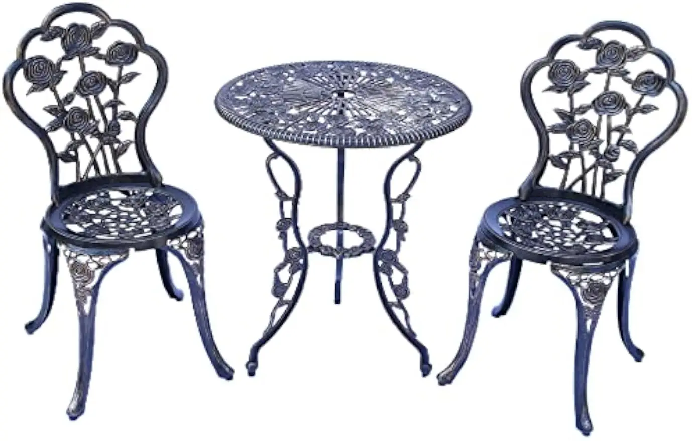 Outdoor Patio Bistro Set With Rose Pattern Table And Chairs, Garden Porch Conversation Dining Ensemble, All Weather Backyard Seating Furniture, Antique Style, Rose Bronzed, Three Piece Set