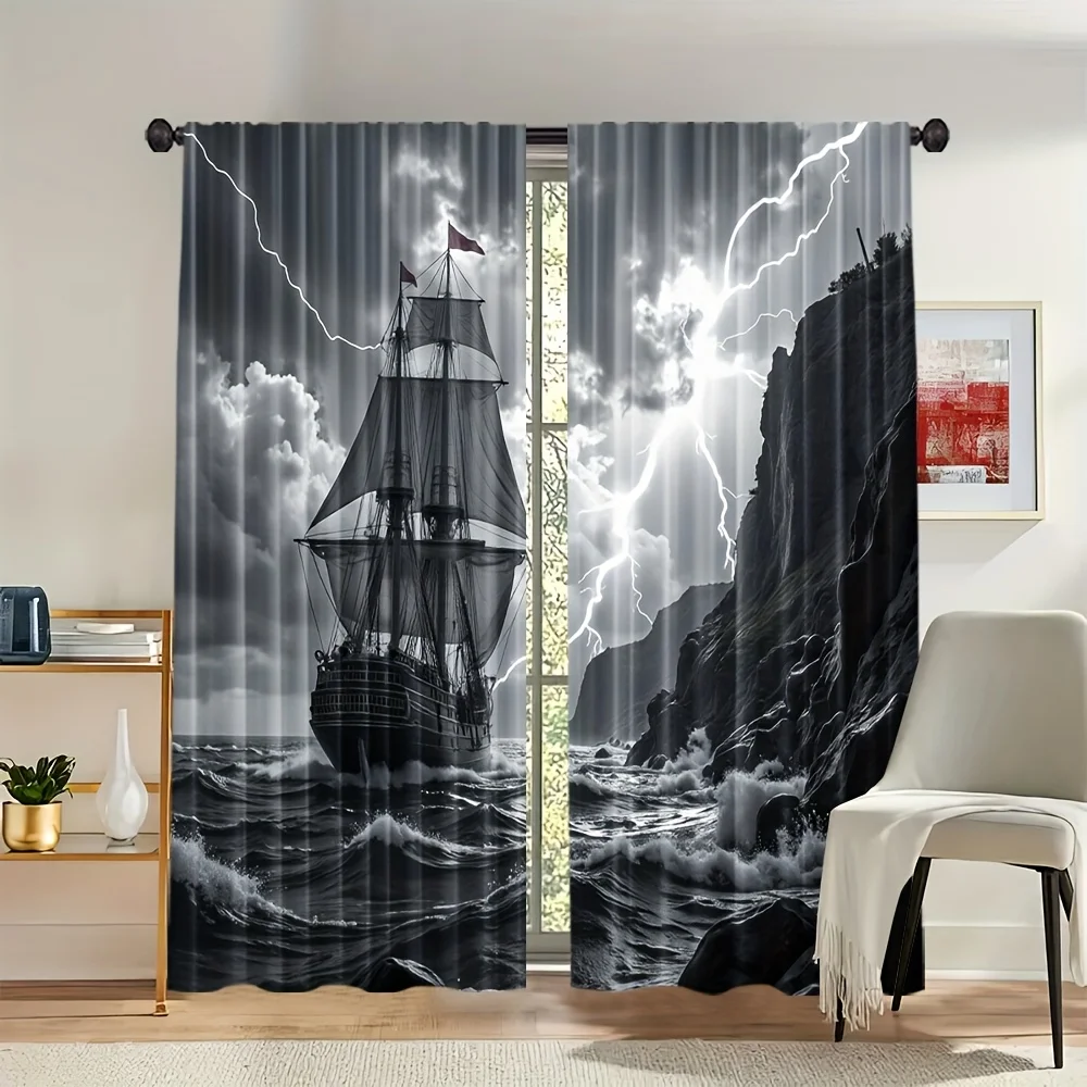3D Black and White Pirate Ship Curtains, Stormy Sea Sailing Boat Drapes for Living Room, Nautical Adventure Window Treatment