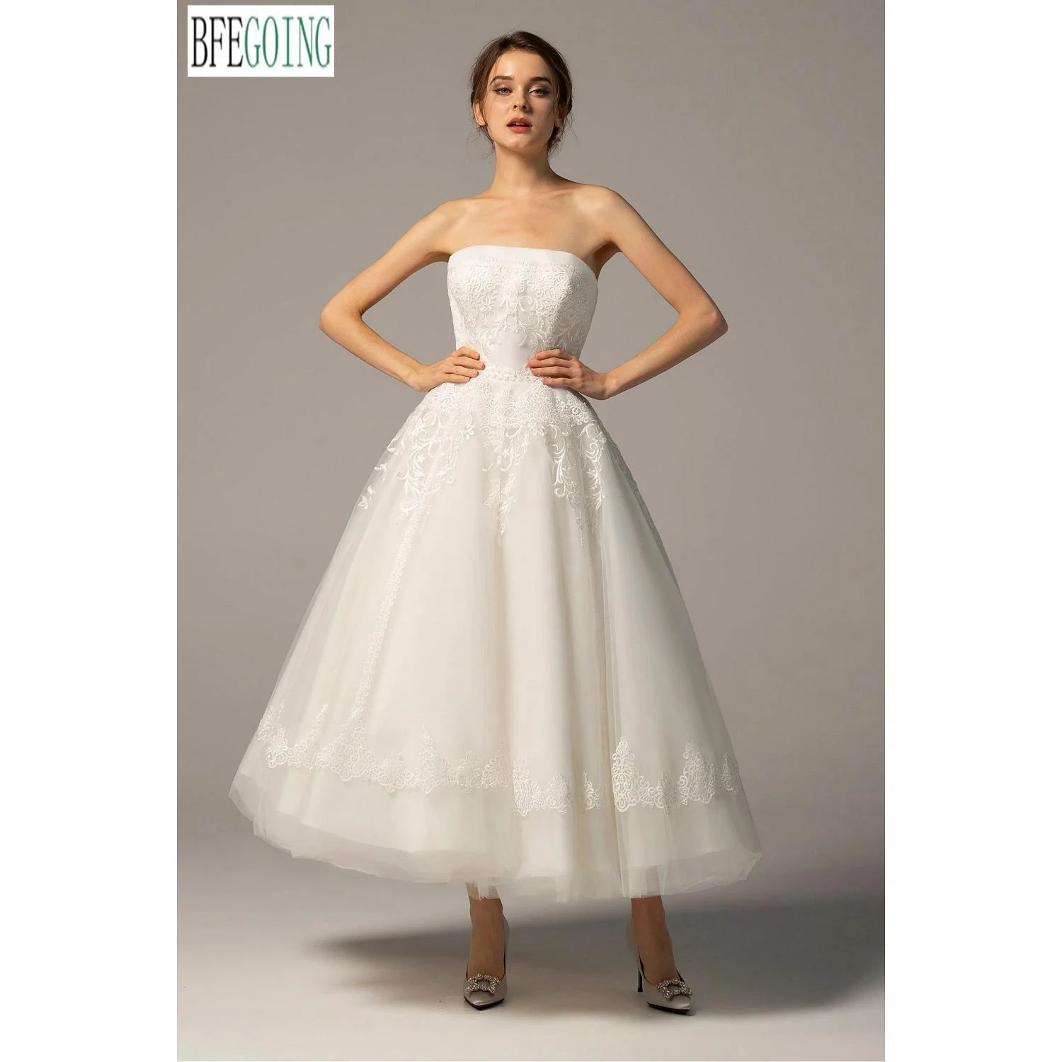 Mid-Calf A-Line Wedding Dresses Custom Made Lace Tulle Strapless Sleeveless Bridal Gowns Layered Skirt