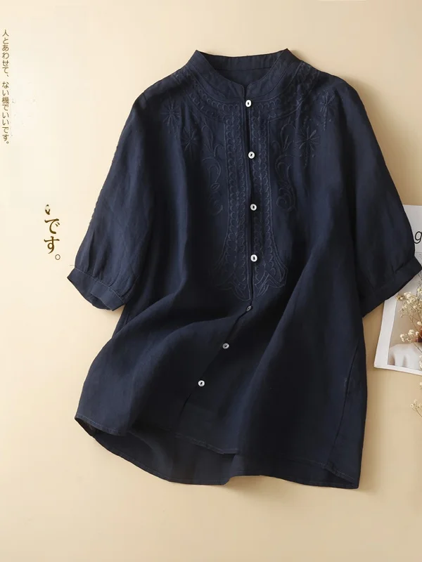 

Ladies' Embroidered Linen irt Loose Fit Summer Sle plus Size Slimming Top Casual Commute Faion Pure Color ort Sve