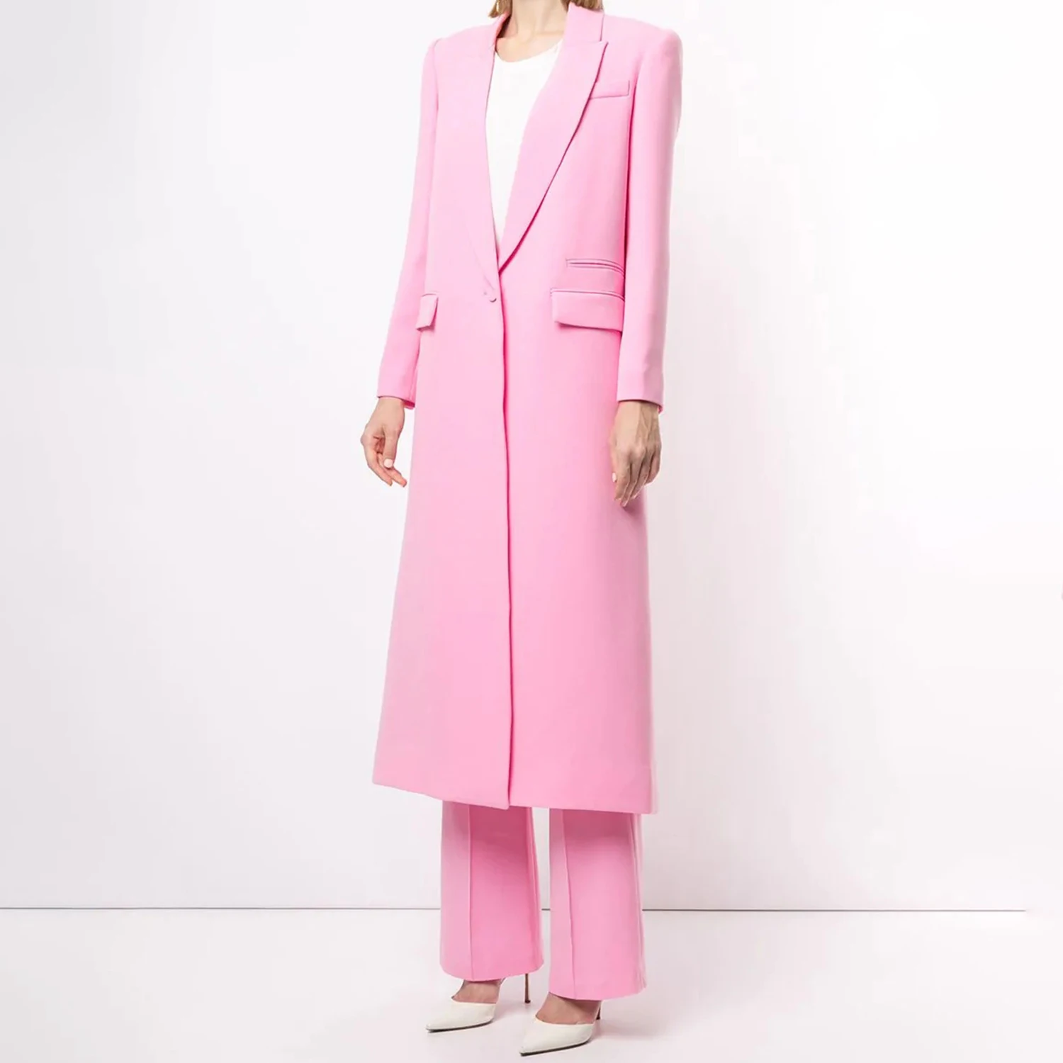 Allingentle Pink Womens Long Blazer Business Pantsuit 2 Piece Set Elegant Work Office Suit for Daily Casual Customized