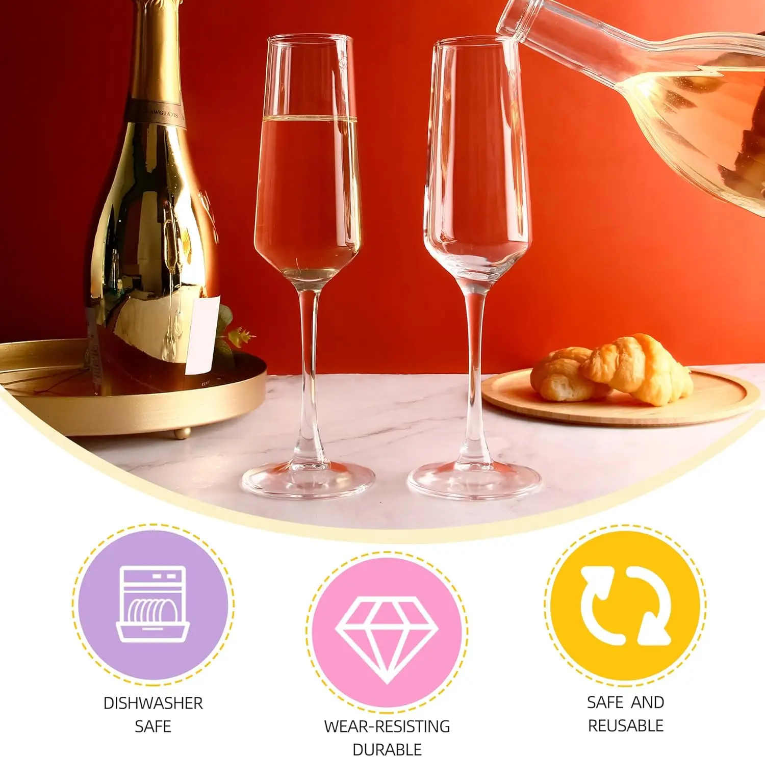 Set of 12 Elegant Champagne Flutes, Modern Sparkling Wine Glasses for Home Bar, Wedding, Anniversary, 7.5 oz Clear