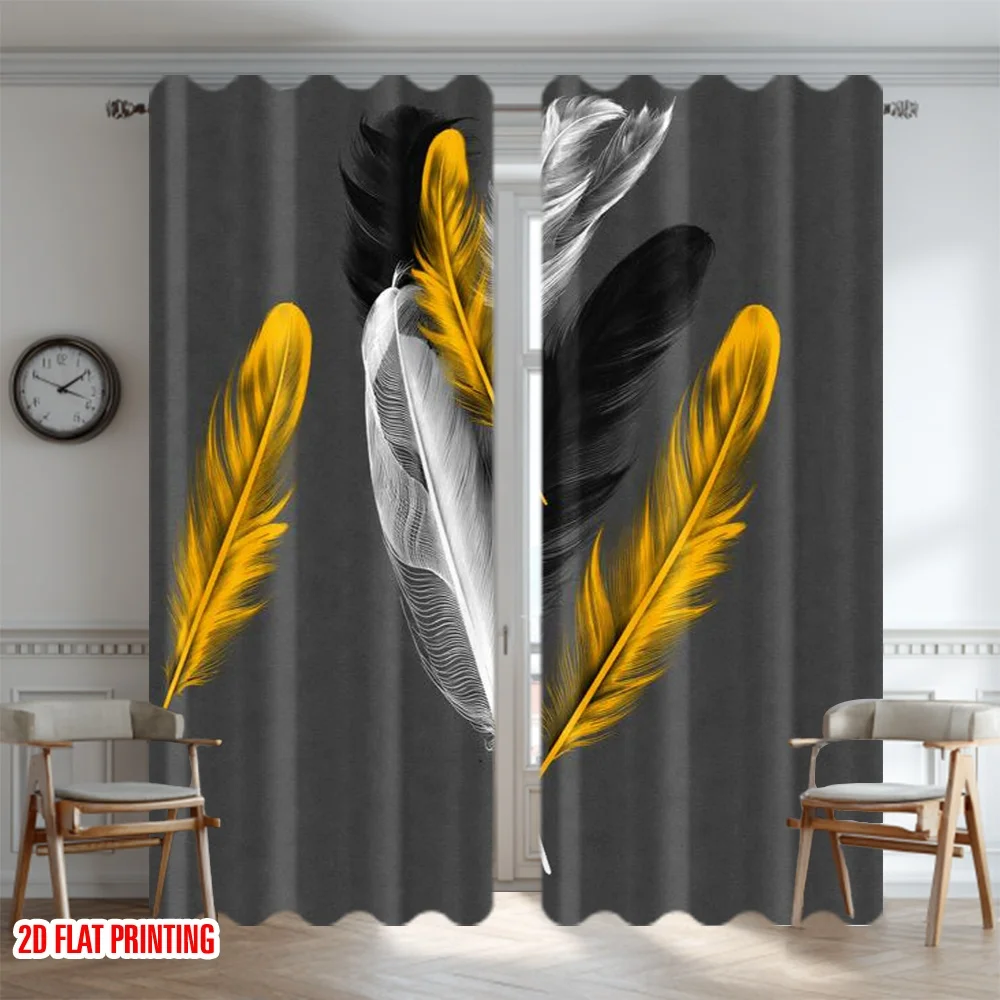 2D flat printing 2pcs Curtain Curtain Yellow and Black Feathers Digital Printed Polyester Drapes Festive Wall Decor for Holiday