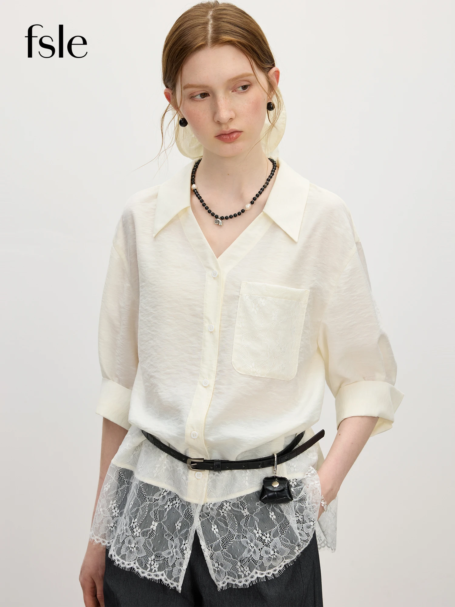 

FSLE Bamboo Fiber Lace Stitching Shirt Shorts Two-piece Suit Women's Summer 2025 New Versatile Suit 25FS12685+25FS12540