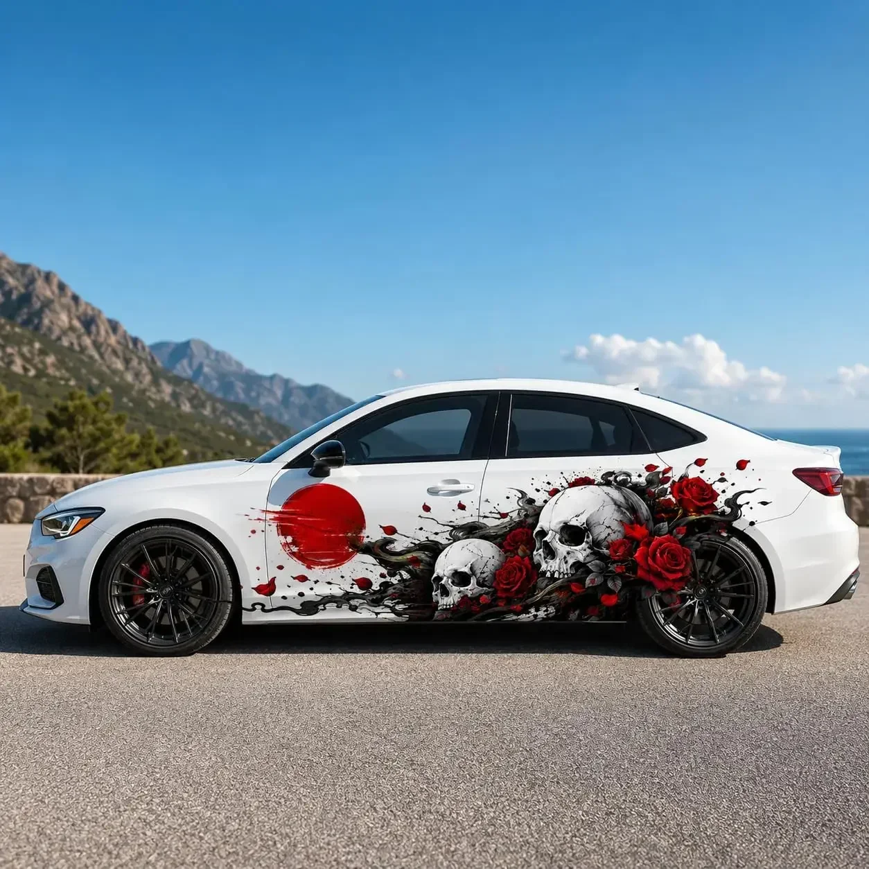 2PCS Skull and Red Rose Car Side Decals, Waterproof UV Resistant Gothic Floral Vinyl Stickers for Cars Trucks SUV,