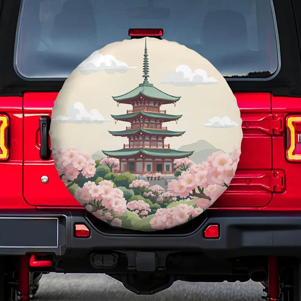 

Japanese Pagoda Cherry Blossom Spare Tire Cover Polyester Waterproof SUV Protector