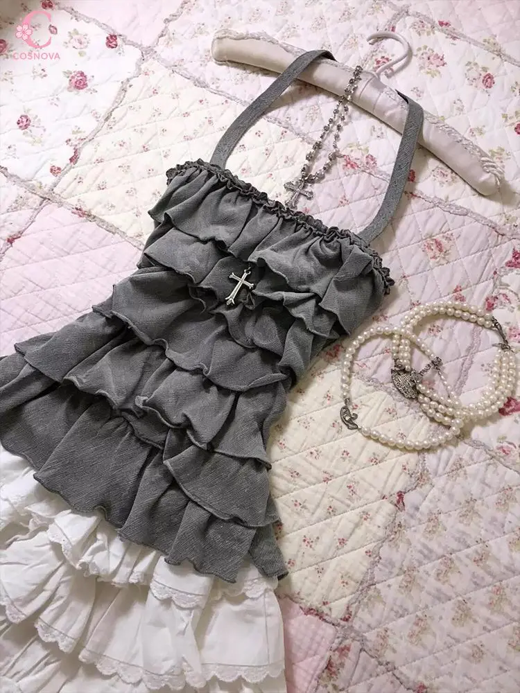 

Винтажный серый кружевной топ-камизоль с рюшами для женщин, в стиле Y2K, облегающий, многослойный, милый летний наряд в стиле кавайной принцессы