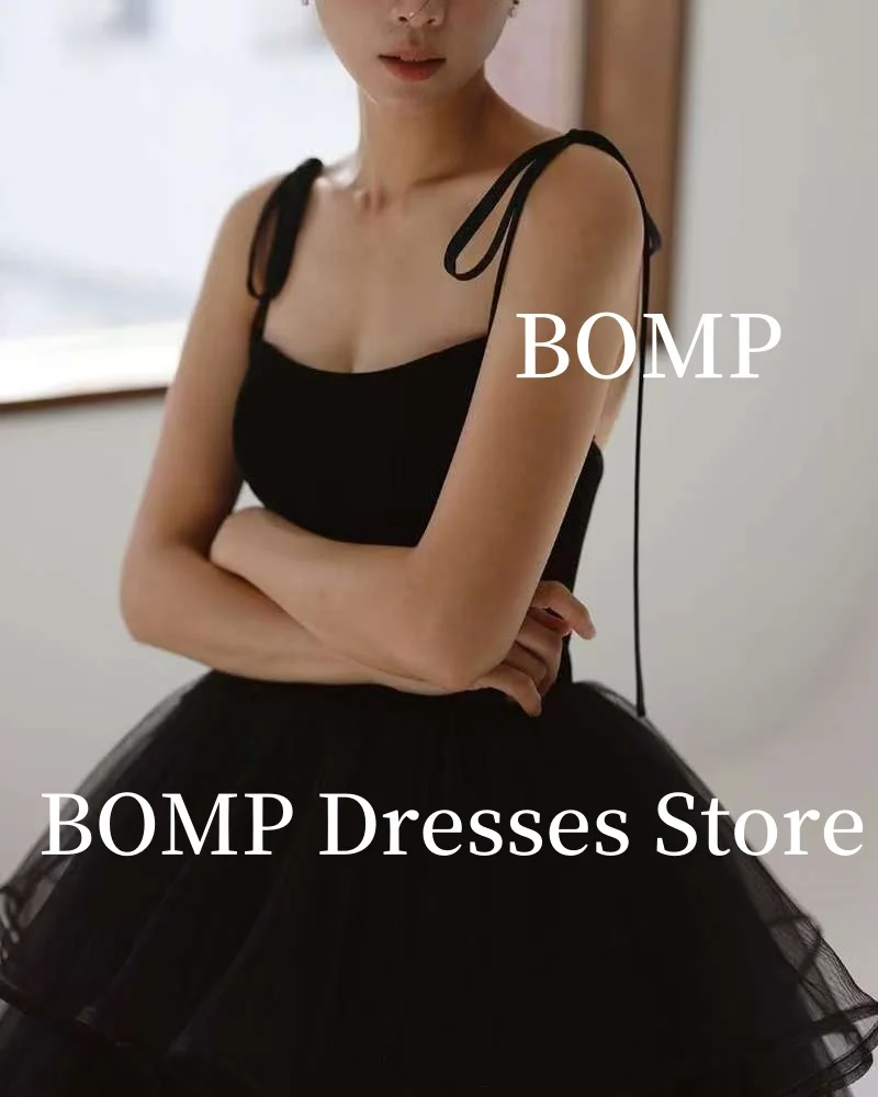 BOMP Elegante abito da cerimonia nuziale nero con cinturino per spaghetti con fiocco A-Line abito da sposa multistrato Servizio fotografico coreano personalizzato