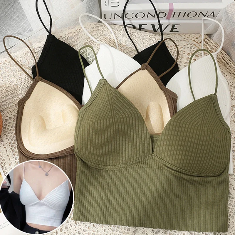 Sexy Thin Tank Top Women Seamless Underwear Camisole Straps Striped Bralette Lingerie One-Piece Tube Basic Underwear Padded Bra