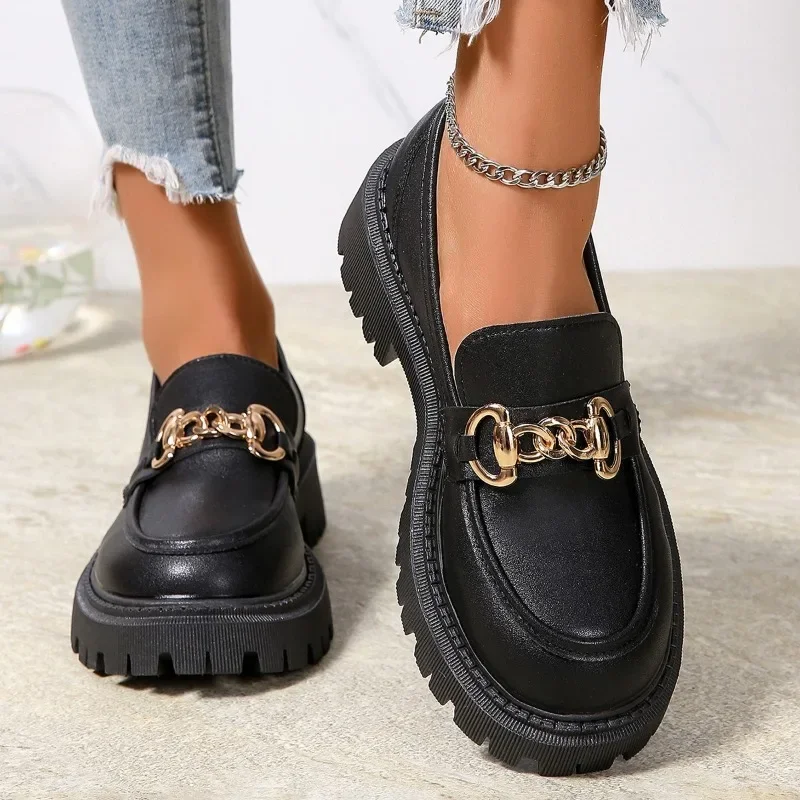 

Women's Thick Heel Shoes Spring New Round Head Deep Mouth Metal Chain Thick Sole Anti-slip Wear-resistant Loafers Zapatillas