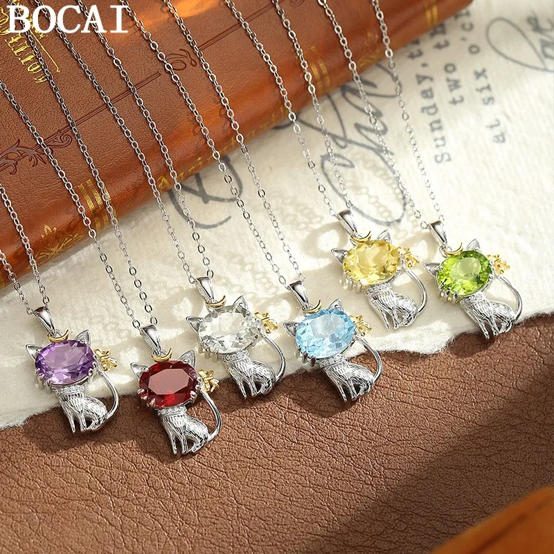 BOCAI New S925 Sterling Silver Jewelry Retro And Simple Natural Crystal Lucky Cat Pendant