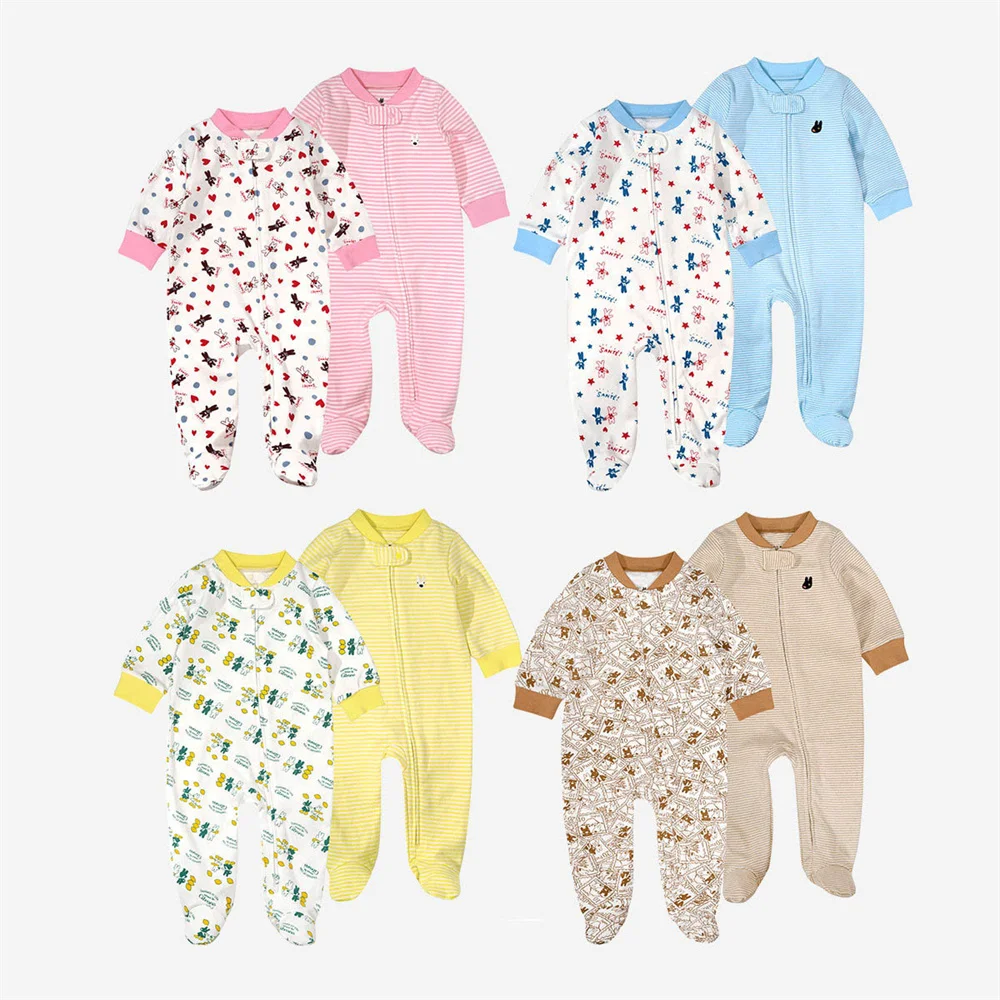 2pcs/pack Newborn Baby Girls Boy Designer Cartoon Striped Footies Rompers Pajamas One Pieces Jumpsuit Children Kids Clothes Set