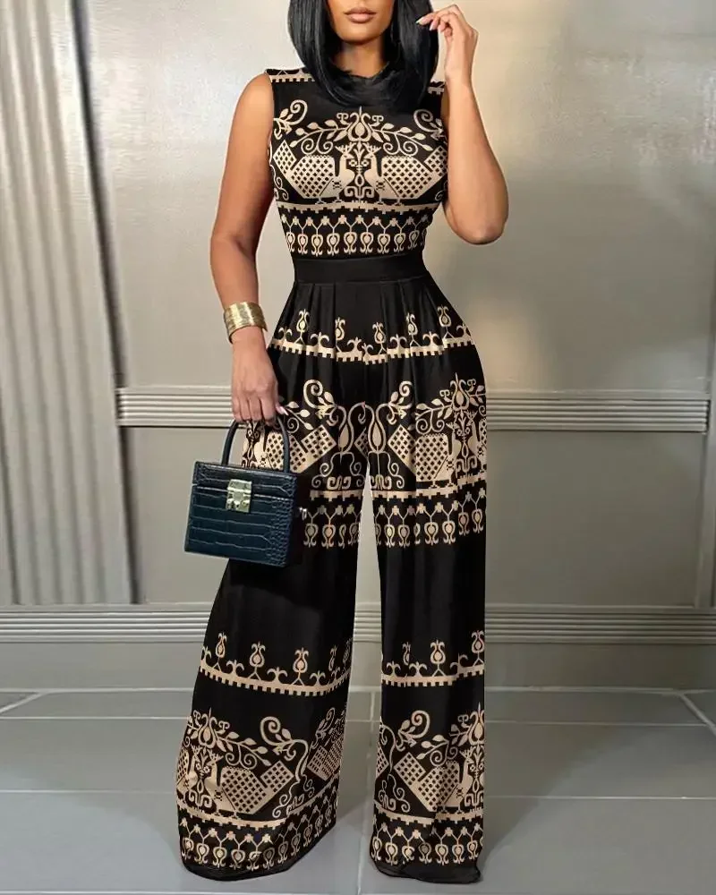 

Tribal Print Sleeveless Wide Leg Jumpsuit Women Loose Fashion Casual Overall Pants High Waist Jumpsuits Spring Summer