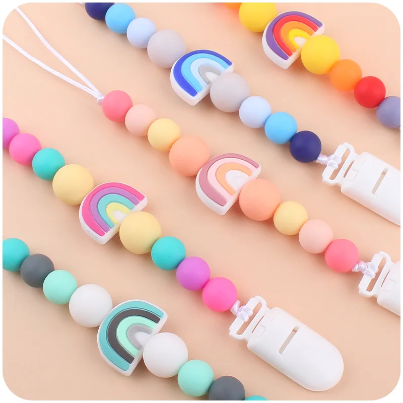 NEW baby Pacifier Clip Handmade Beech Wooden Chain rainbow silicone Teether chain Baby Teething Toy newborn Chew Gift