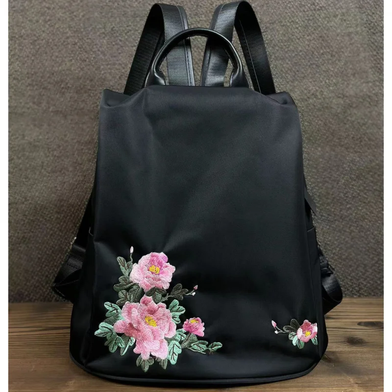 Biyang Style Embroidery Backpack Women's Bag Embroidered Black Casual All-Match Waterproof Fabric Jushi Shoulde