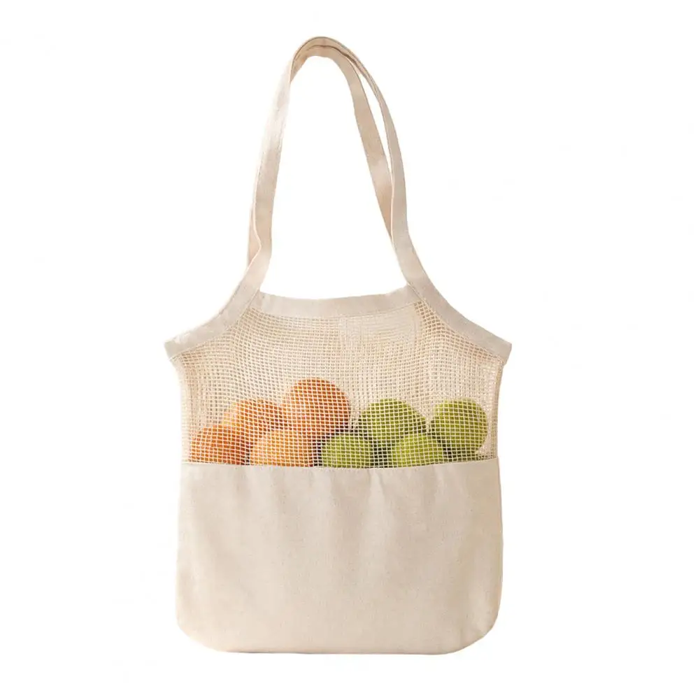 Durable Market Bag Canvas Shopping Bag with Breathable Mesh Splicing Design Reinforced Straps Grocery Tote Long Handle Market