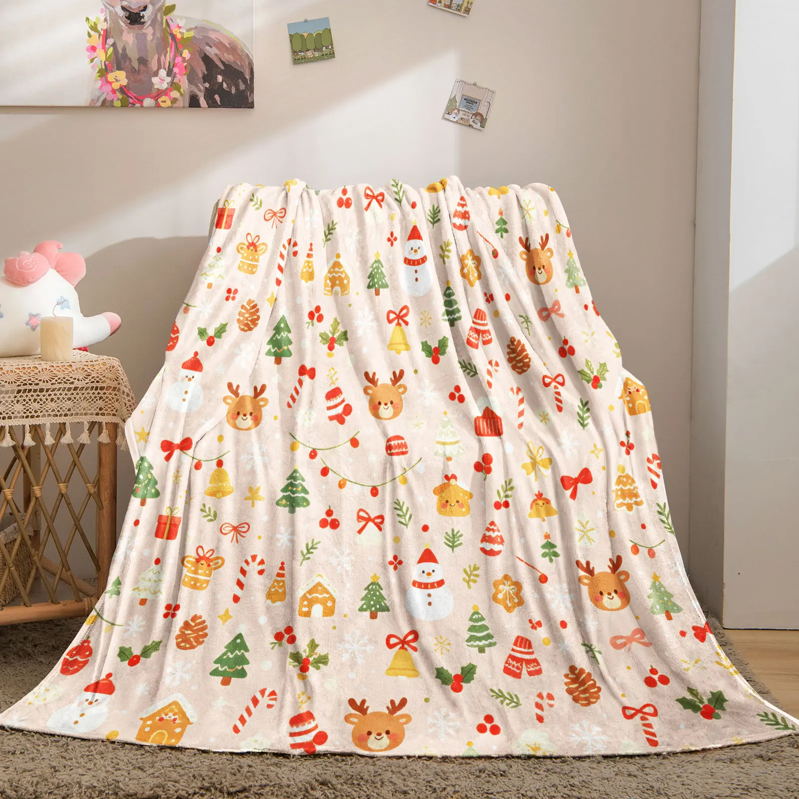 Blush Pink Christmas Flannel Throw Blanket Reindeer Snowman Xmas Tree Snowflake Print Soft Warm Plush Blanket Holiday Home Decor