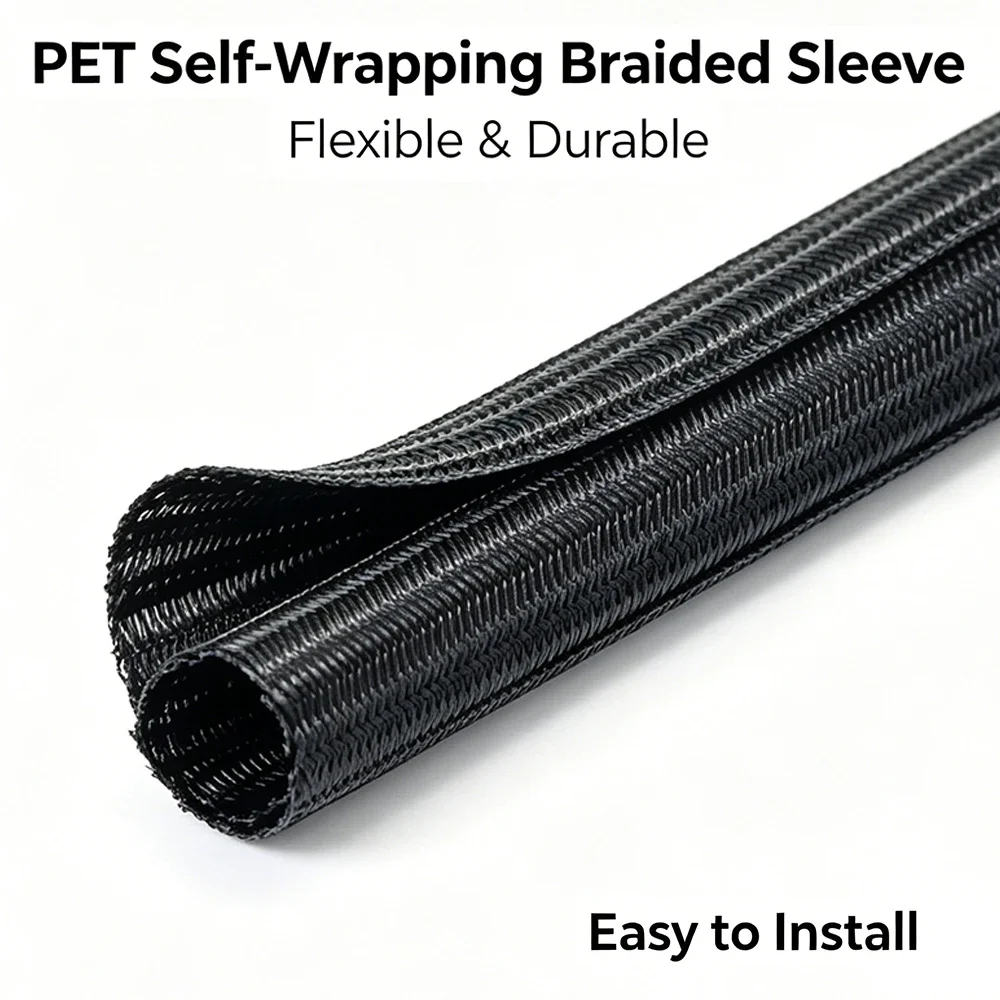 ID 5~50mm PET Self Winding Braided Sleeve Self Closed Stretchable Sleeve Flame-Retardant Easy Leadhandling For Wire and Cable