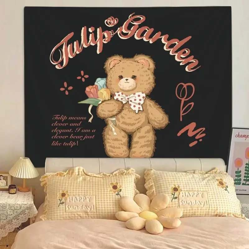 VIKAMA Wave Point Tulip Bear Tapestry, American Teddy Bear Aesthetic Wall Hanging for Bedroom Living Room Dorm Decor