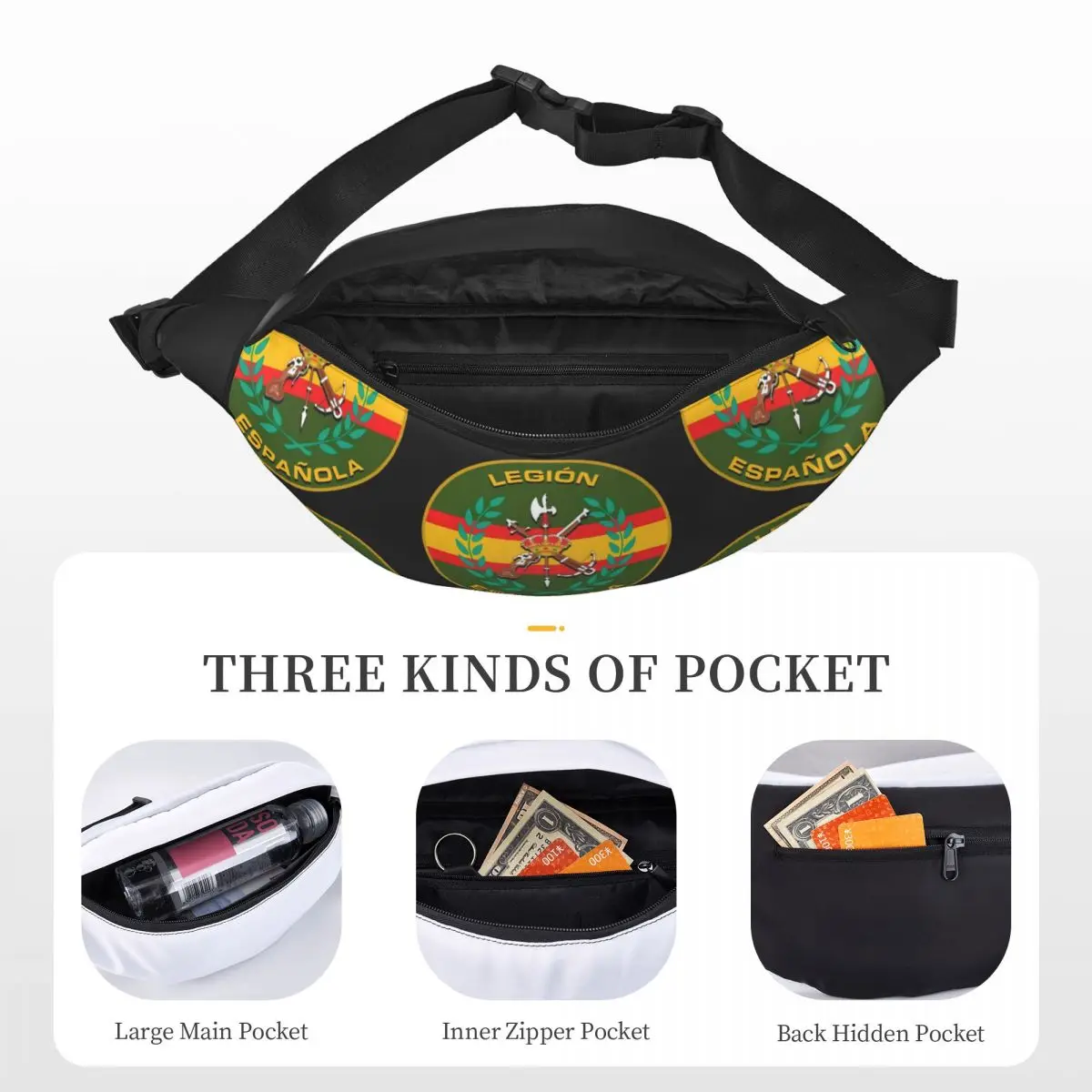 Unisex Spanish Legion Waist Bag, Multifunções Sling Crossbody Malas, Peito Malas, Short Trip Pack