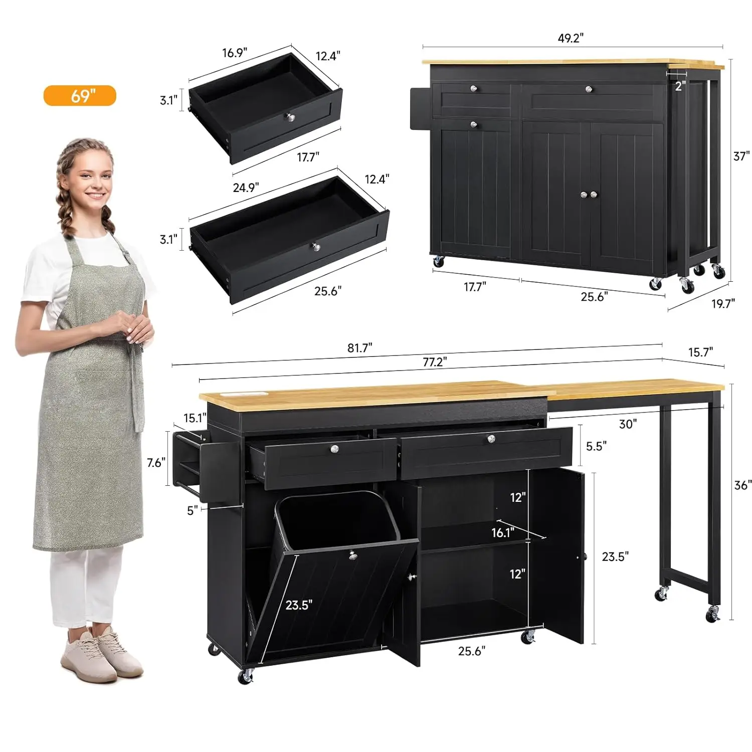 Extendable Kitchen Island Cart with Storage, Trash Cabinet, Power Outlet, Spice & Towel Racks, 81.7