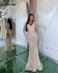 Long Sleeves Champagne Evening Dresses With Crystals Formal Occasion Dresses Robes De Soirée Wedding Guests Dresses For Women