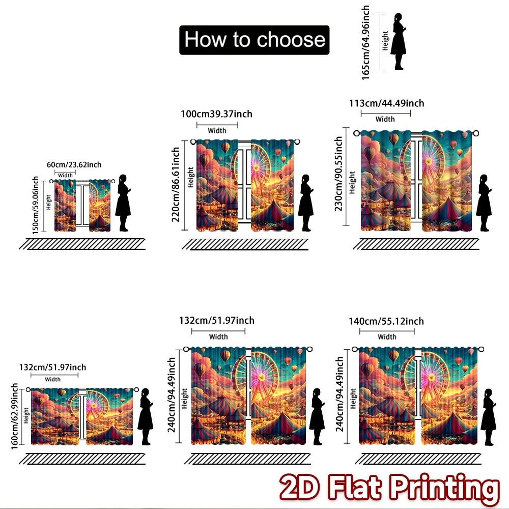 2D flat printing 2pcs Party Curtain Carnival Festival Ferris Wheel Hot Air Balloons Digital Printed Polyester Drapes Festive view 3