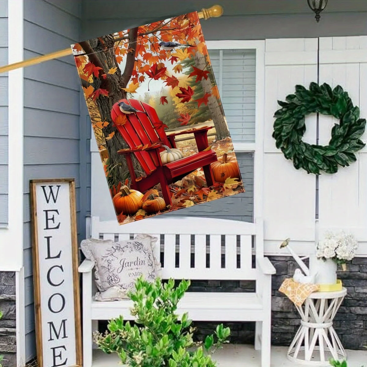 Autumn Sunset Garden Flag - Double-Sided Polyester Autumn Outdoor Decor with Maple Leaf, Pumpkin, Chair and Bird Patterns, 28x40 Inches, for Lawns and Yards, No Electricity Required - 1 Piece