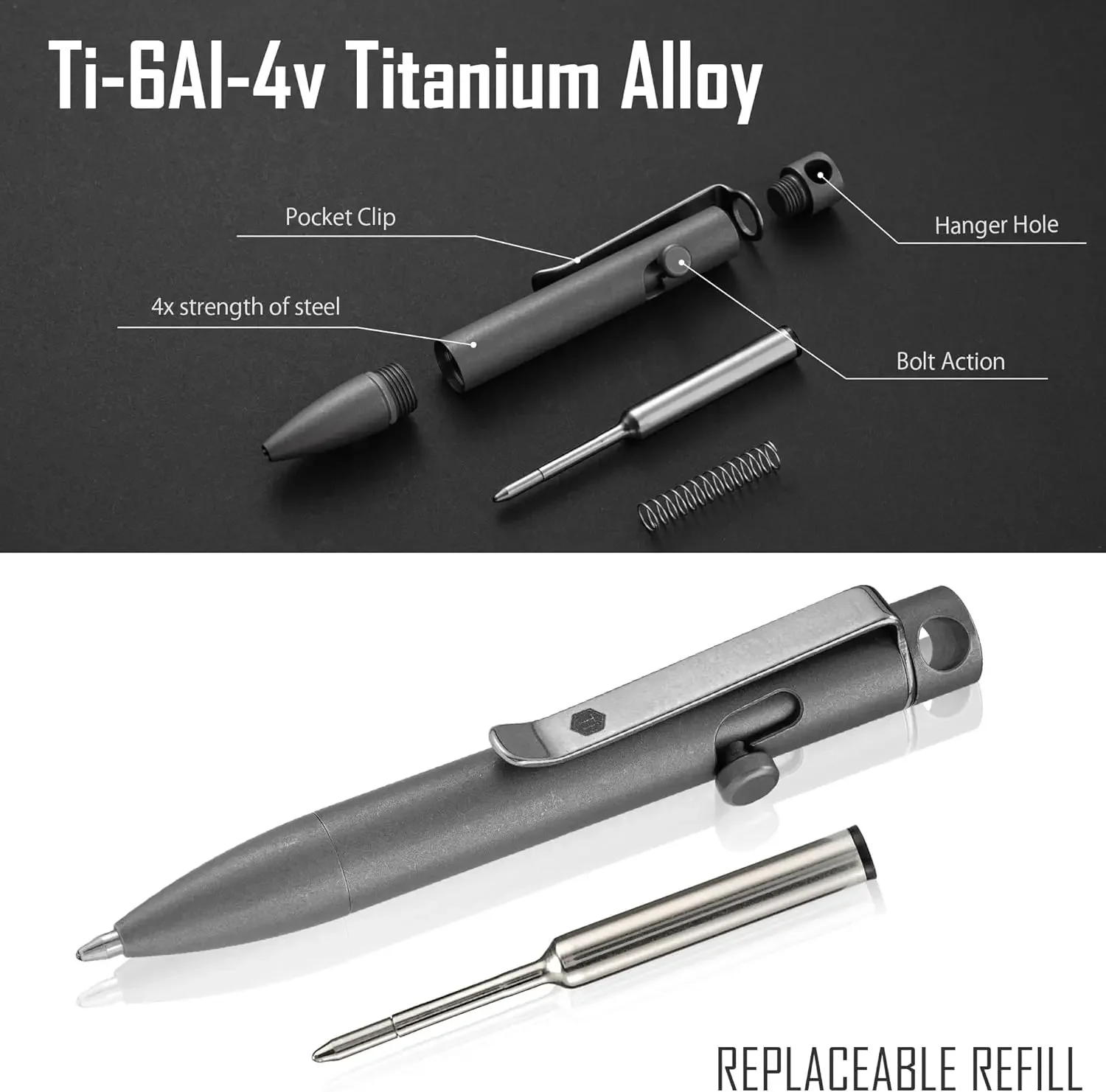 KeyUnity KP05SW Bolt Action EDC Pen with Clip, Titanium Pocket Ballpoint Pen for Everyday Carry (Stonewashed)