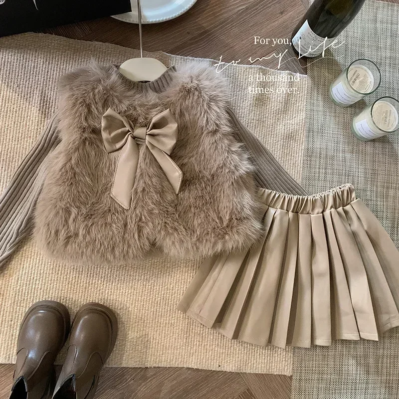 Girl Clothes Suit Korean New Style Autumn and Winter Children Fashion Baby Girl Fur Coat Knitted Top Pleated Leather Skirt Set