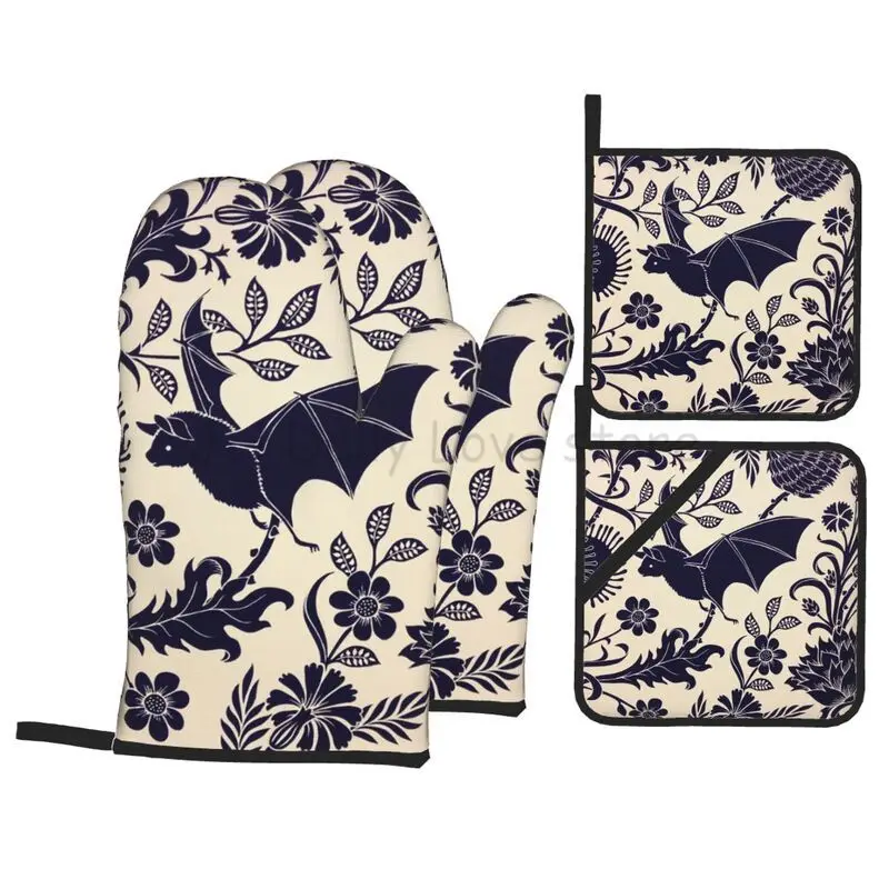 

Halloween Bat Flower Oven Mitts and Pot Holders Sets of 4pcs Heat Resistant Non-Slip Oven Gloves for Cooking Baking BBQ Grilling