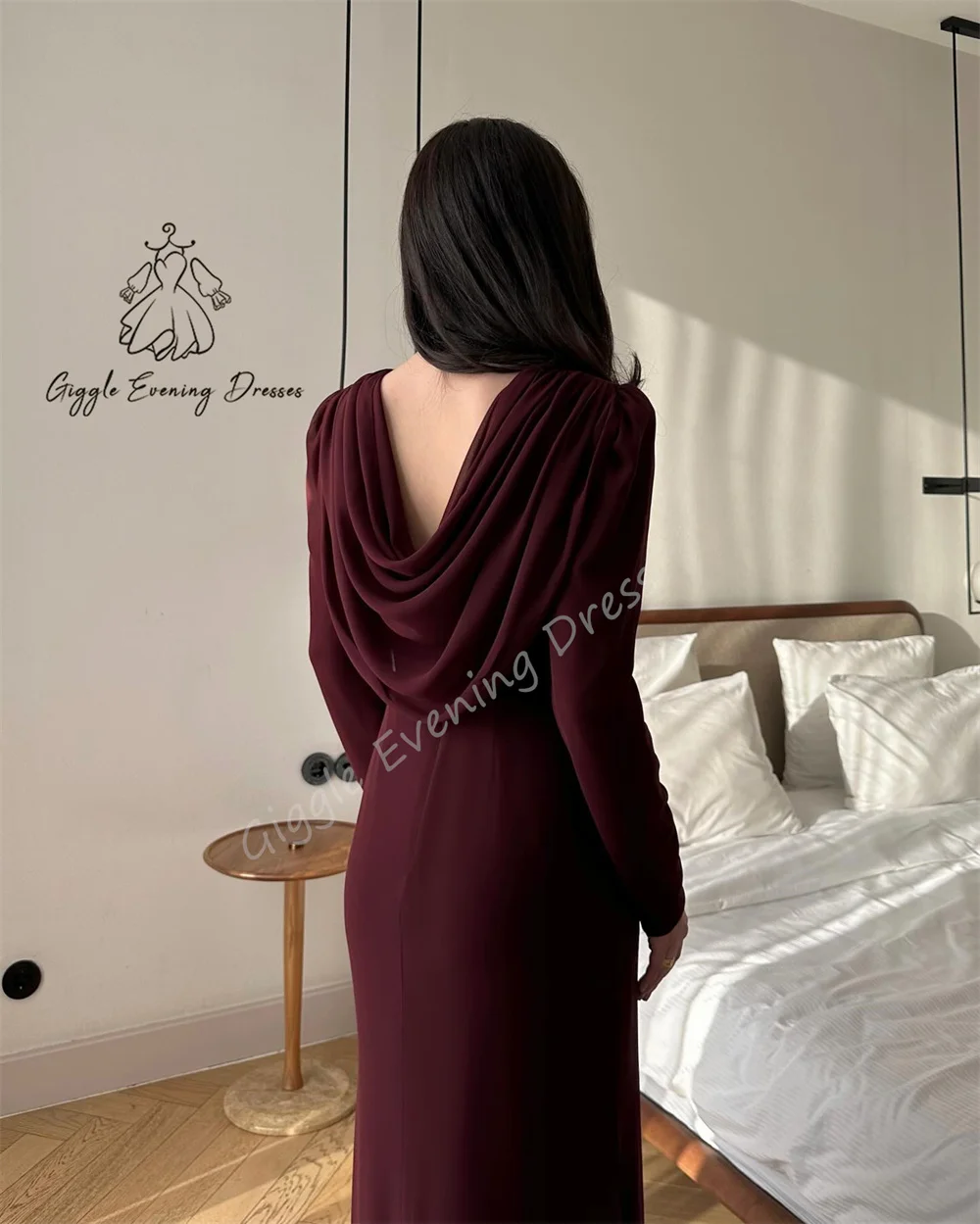 Personalizado giggle vestido de noite em linha reta o-pescoço sem costas moda crepe ruched elegante formal saudita vestido de noite para mulher 2024