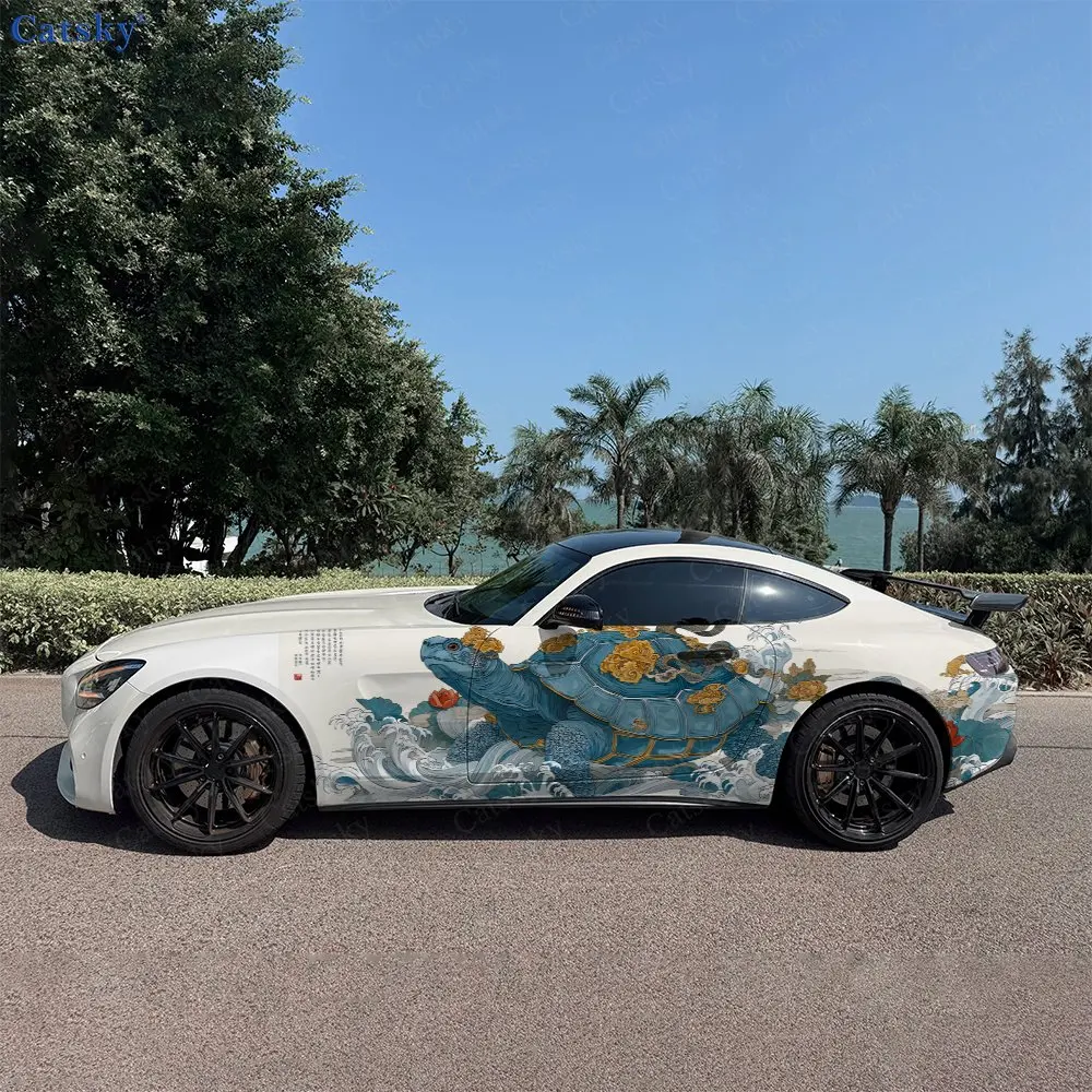 2pcs Turtle Among Waves Guarding, Durable, Fade-resistant, Enhance Vehicle Aesthetics With Bold Artistic Design Car Vinyl Wraps
