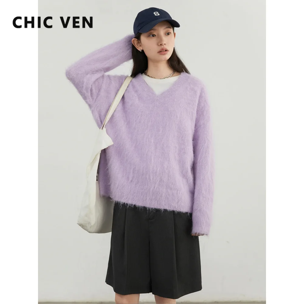 

CHIC VEN модные женские свитера однотонные свободные повседневные новые женские пуловеры с v-образным вырезом вязаный женский топ осень-зима 2025