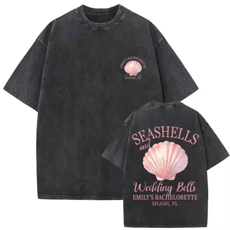 Vintage Seashells Wedding Bells Bachelorette T-Shirt Acid Wash Miami Beach Graphic Tee Oversized Bridal Party Top for Women