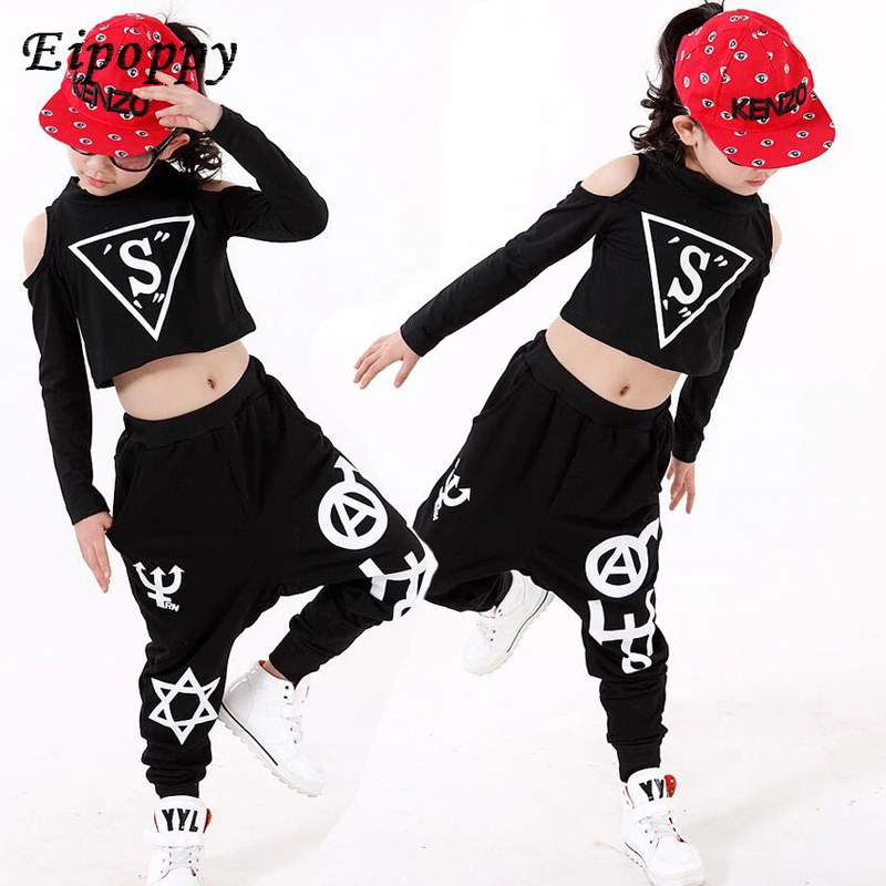 Children's dance costume ballroom party dance costume + pants children's black hip hop dance dress girl jazz  shirt