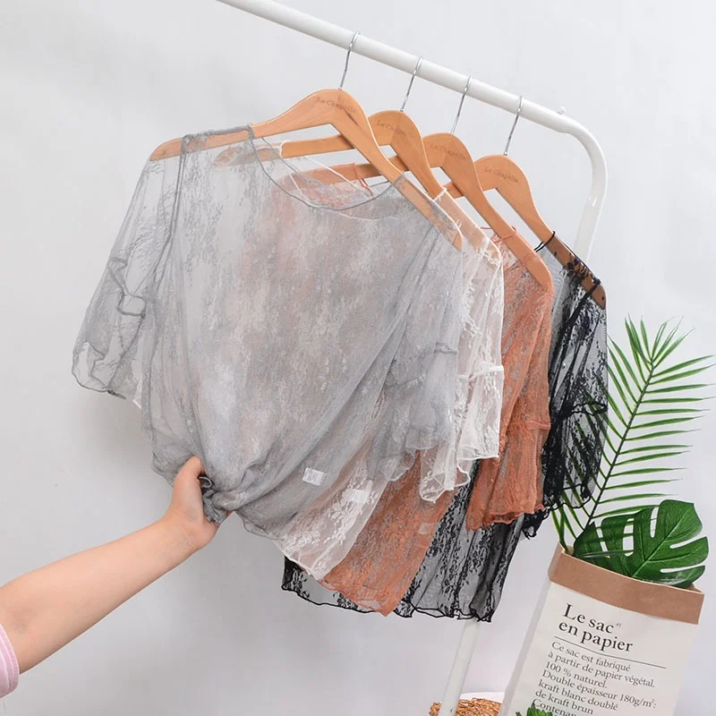 Lace Hollow out Short Sleeve Base Shirt Women's T-Shirt  Thin Mesh Inner Wear Fairy Style Mesh Top round Neck Design Slim...