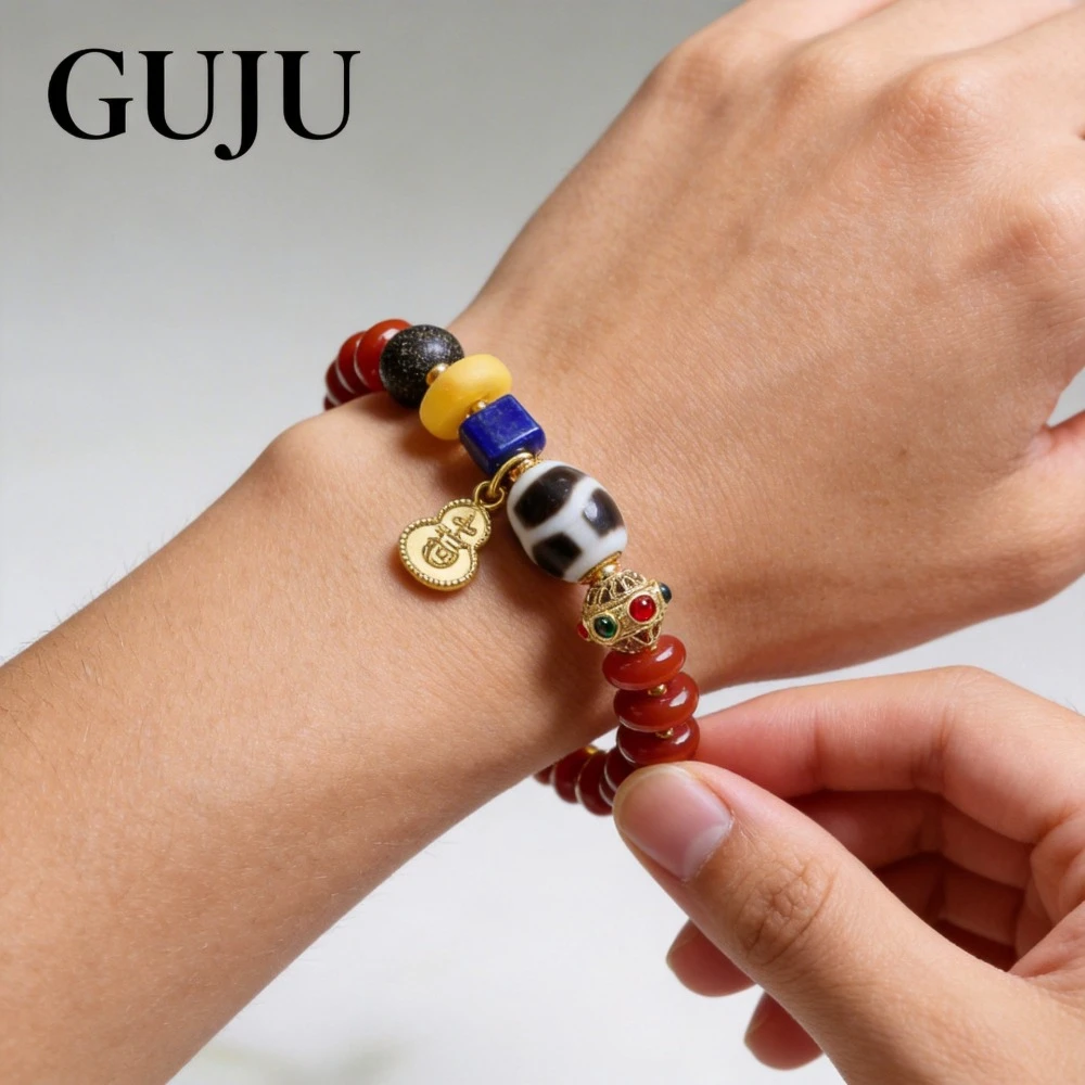 

New Chinese Style Bracelet with Southern Red Agate Tianzhu Lapis Lazuli and Amber Beads for Jewelry Collecting Gifts