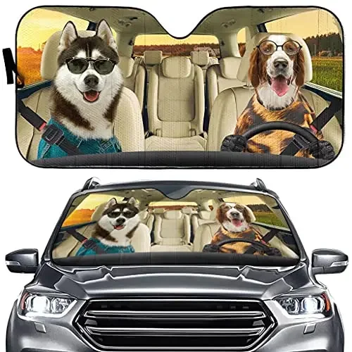 Siberian Husky Auto Windshield Sun Shade Funny Pet Labrador Driving Car Front Window Visor Shade Sun Heat Reflector Anti-UV Coun