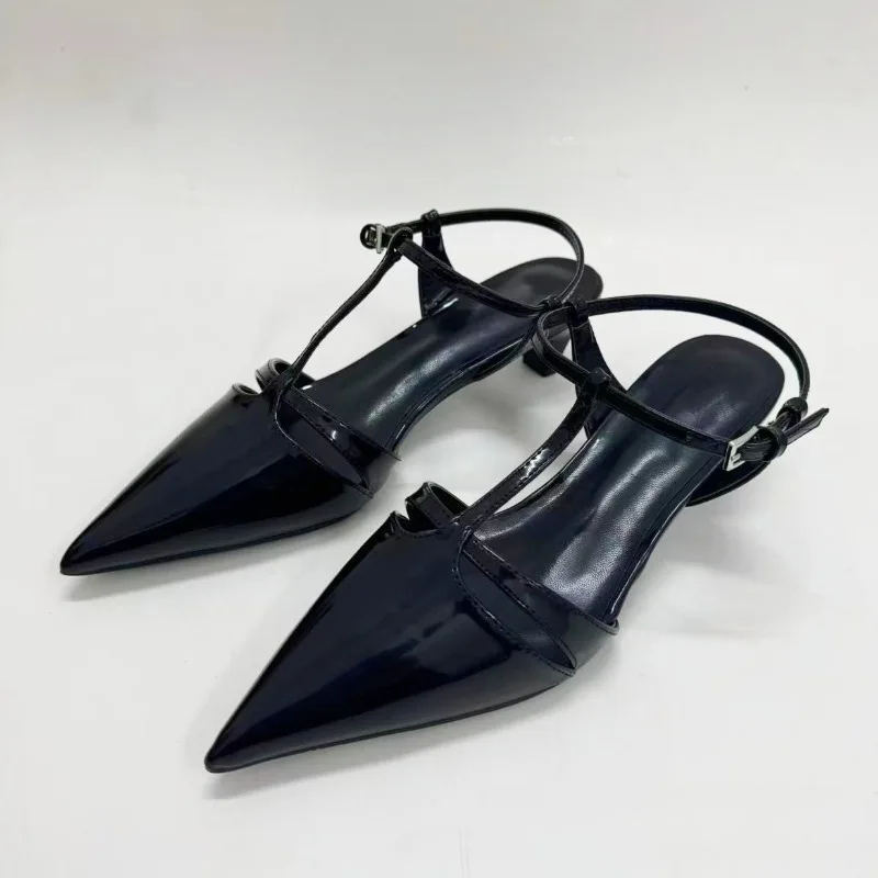 

Black Patent Leather Low Heel Women Slingbacks Sandals Sexy T-strap Design Pointed Toe Ankle Buckle Office Work Fomal Shoes