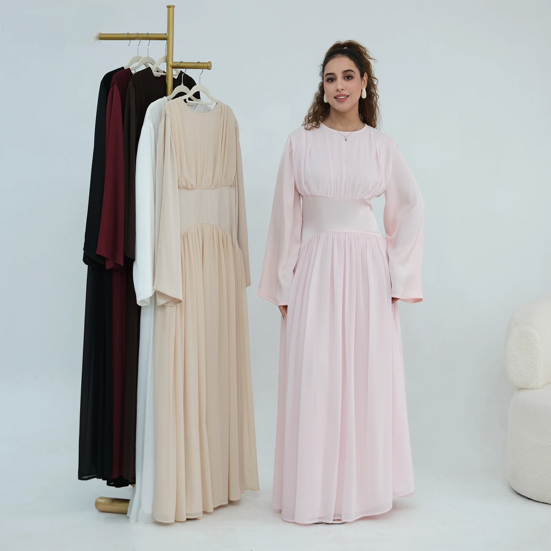 Long Sleeved Solid Color Fitted Double Layer Chiffon Maxi Dress Muslim Women Abaya Dubai Kaftan Elegant Islam Clothing Robe Gown