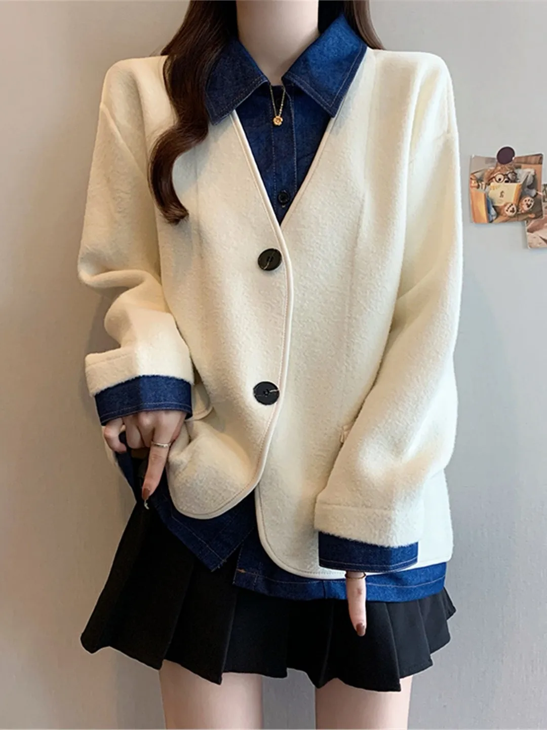 

Шикарный женский твидовый жакет оверсайз с джинсовыми вставками, осенняя коллекция 2025, дизайнерский, имитация двухслойности, шерстяной топ