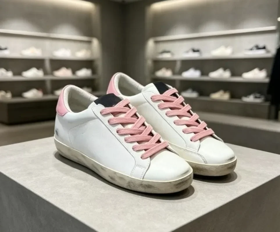 Vintage star distressed white flat sneakers for men women couples, versatile casual retro low-top shoes.