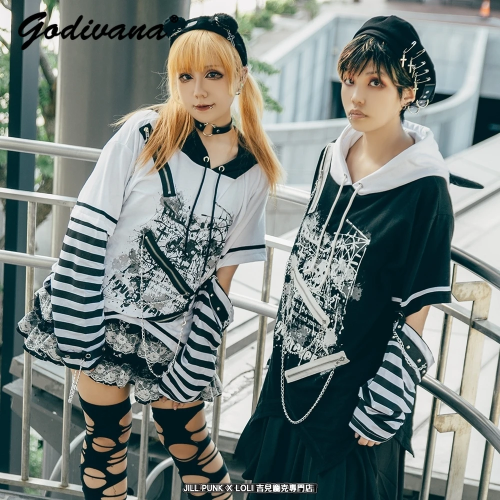 

Original Zipper Iron Chain Striped Sleeve Cat Ear Dovetail Hooded Sweatshirt Harajuku Asian Culture Y2K Printed Pullover Hoodies