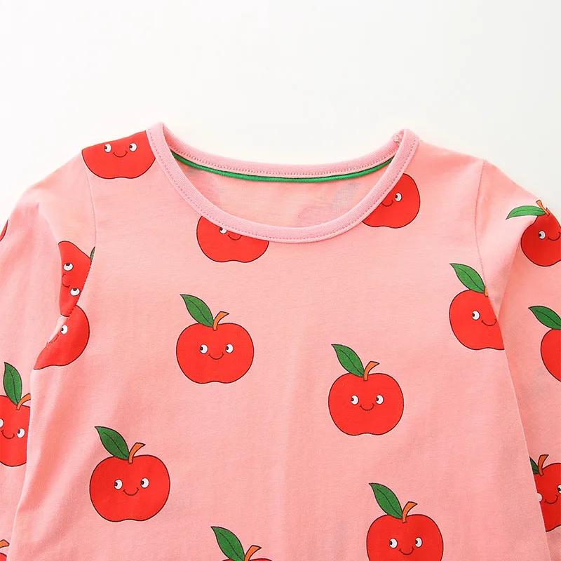 TUONXYE Baby Girls Cotton Long Sleeve Pink Dress Cute Apple Print A-line Dress With Striped Pockets Kids Casual Daily Dresses