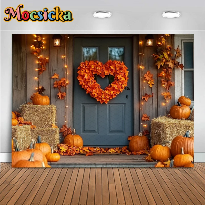 Mocsicka الخريف خلفيات للتصوير الفوتوغرافي الحب الحصاد الأصفر مابل ليف باب المنزل زينة الخريف اليقطين حفلة خلفية راية