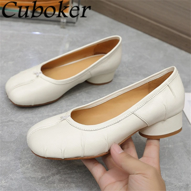 2024 Summer Split Toe Low Heel Single Shoes Women Designer Pleated Real Leather Ballet Shoes Elegant Dress Loafers Shoes Mujer