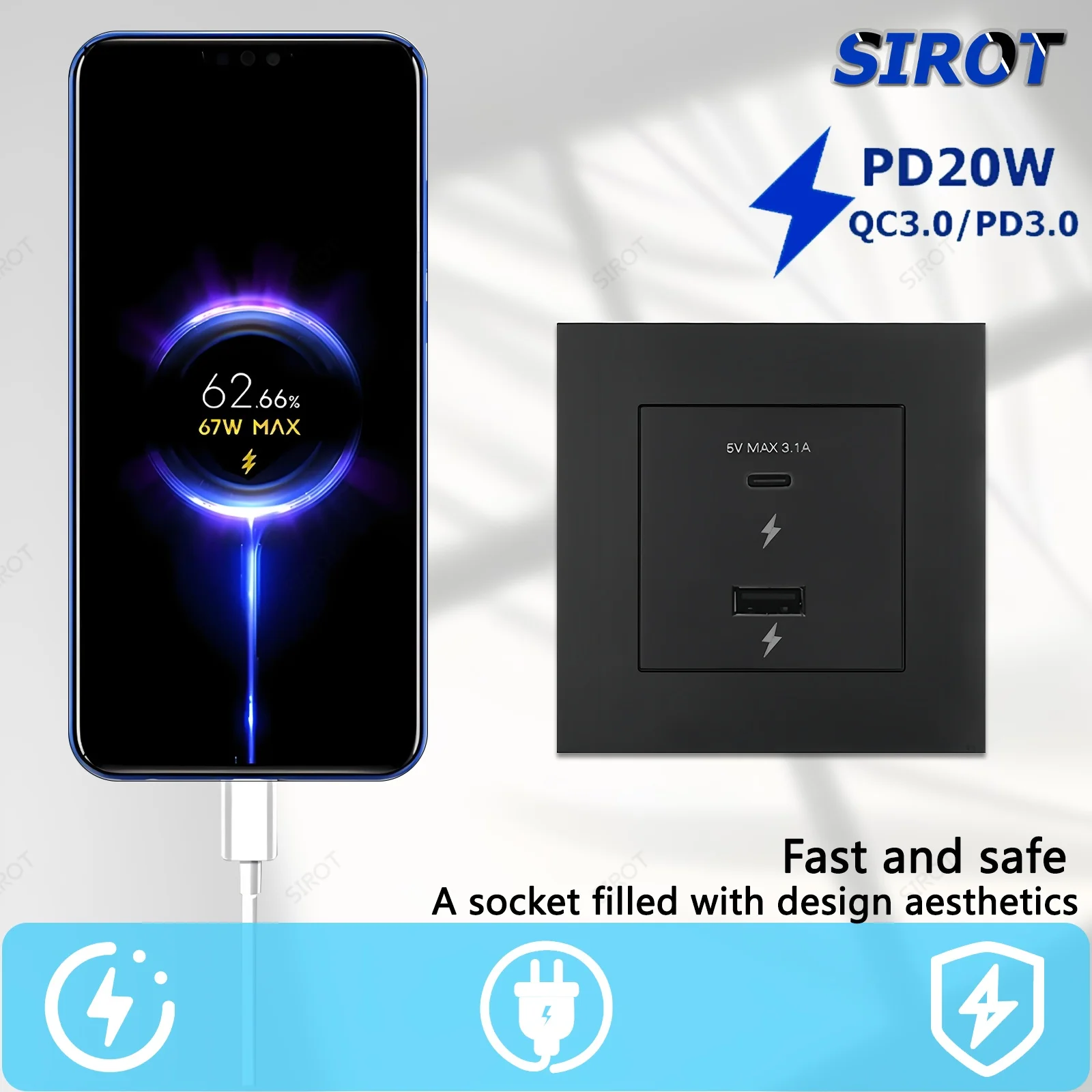SIROT Israel Socket with 20W USB-A/C Fast Charging, 16A 110V-250V Flame Retardant PC Panel White Black Israeli Standard Socket